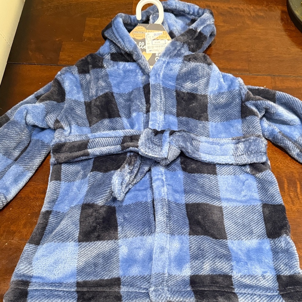 Kids Plush Hooded Bathrobe - Blue Plaid